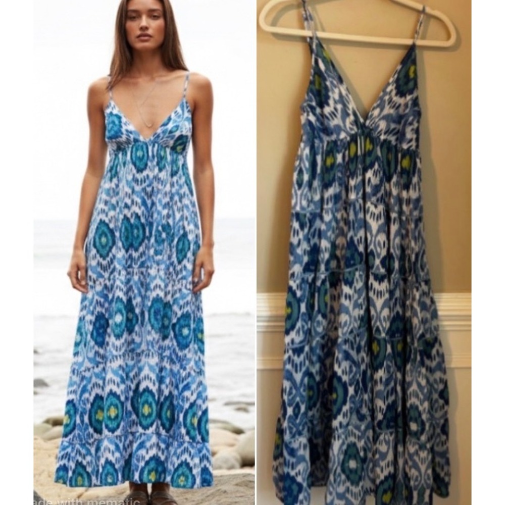 Ro's Garden Florida Blue Ikat Print Cotton Tiered Maxi Dress Size M Resortwear